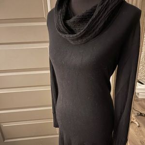 Cowl neck Fitted Sweater Mini Dress (Black) Cable knit detailing.